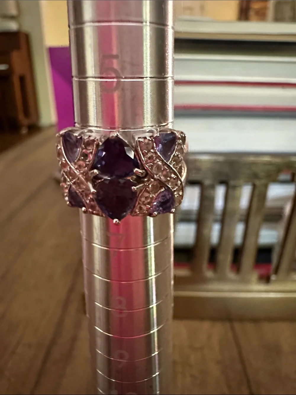 Silver Band Ring with Deep Blue-Purple Gemstones and Pavé Details